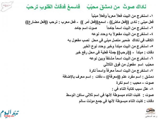 شرح قصيدة دمشق للصف الثامن للشاعر عبدالله يوركي حلاق