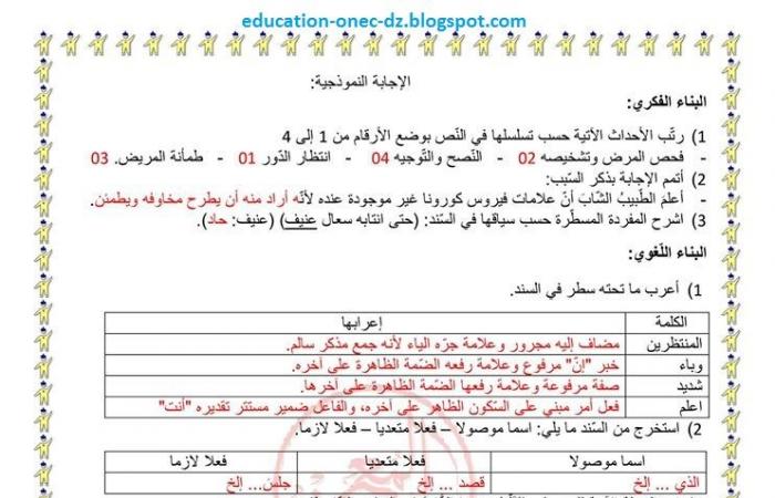 اختبار تقييمي للأسبوع 25 مع الحل (الفصل الثالث) في اللغة العربية سنة خامسة ابتدائي الجيل الثاني